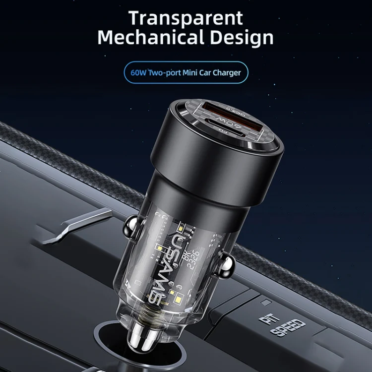 USAMS US-CC208 C39 60W USB + Type-C Dual Port Fast Charging Aluminum Alloy Transparent Car Charger(Black) - Image 2