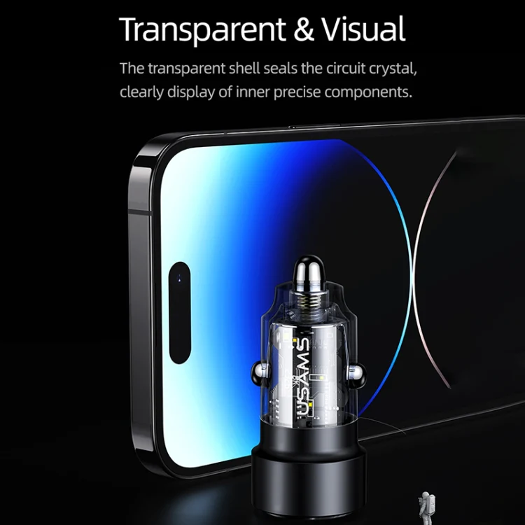 USAMS US-CC208 C39 60W USB + Type-C Dual Port Fast Charging Aluminum Alloy Transparent Car Charger(Black) - Image 3