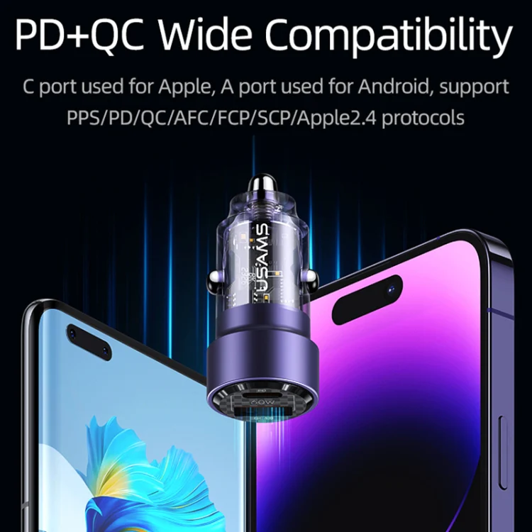 USAMS US-CC208 C39 60W USB + Type-C Dual Port Fast Charging Aluminum Alloy Transparent Car Charger(Black) - Image 4