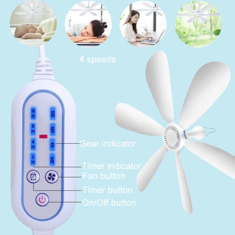USB Home Dormitory Mute High Wind Power Mini Fan Six Blade Small Ceiling Fan, Style: Fan+Remote Control Speed Control Cord - Image 2