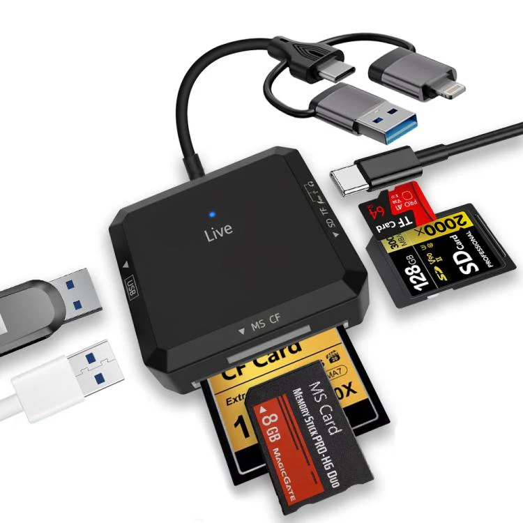 USB, Type-C, 8 Pin to USB-A, Type-C, TF, SD, MS, CF Card Multifunctional Card Reader HUB Docking(Black)