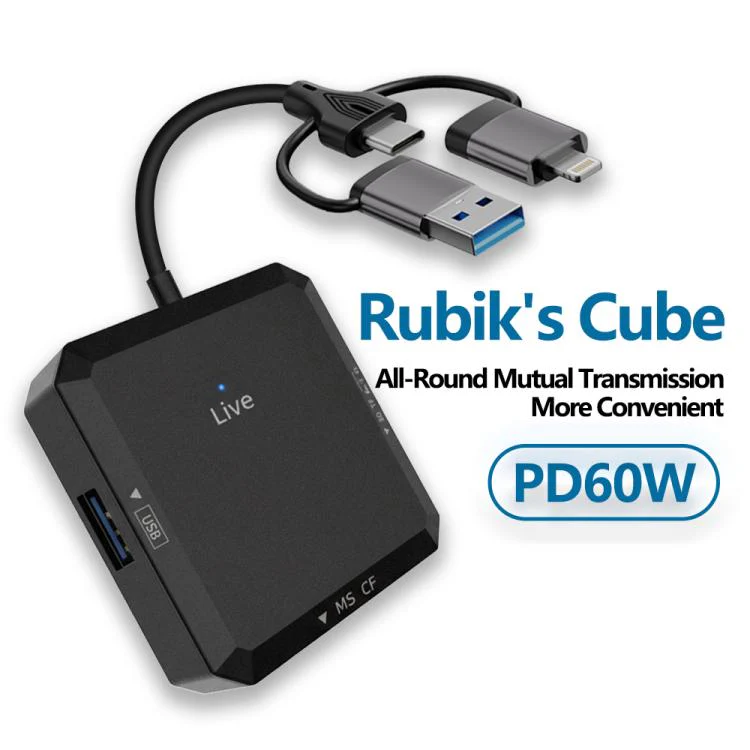 USB, Type-C, 8 Pin to USB-A, Type-C, TF, SD, MS, CF Card Multifunctional Card Reader HUB Docking(Black) - Image 3