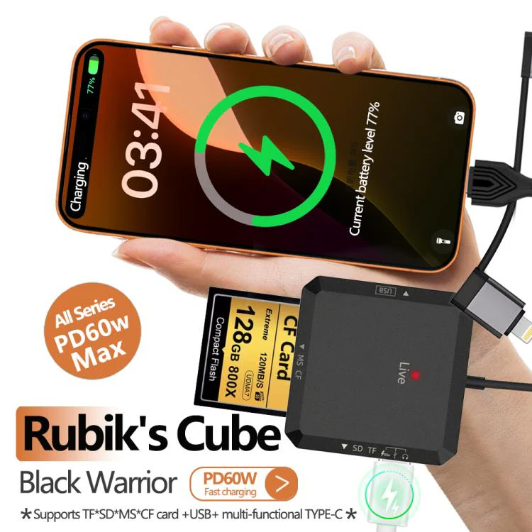 USB, Type-C, 8 Pin to USB-A, Type-C, TF, SD, MS, CF Card Multifunctional Card Reader HUB Docking(Black) - Image 6