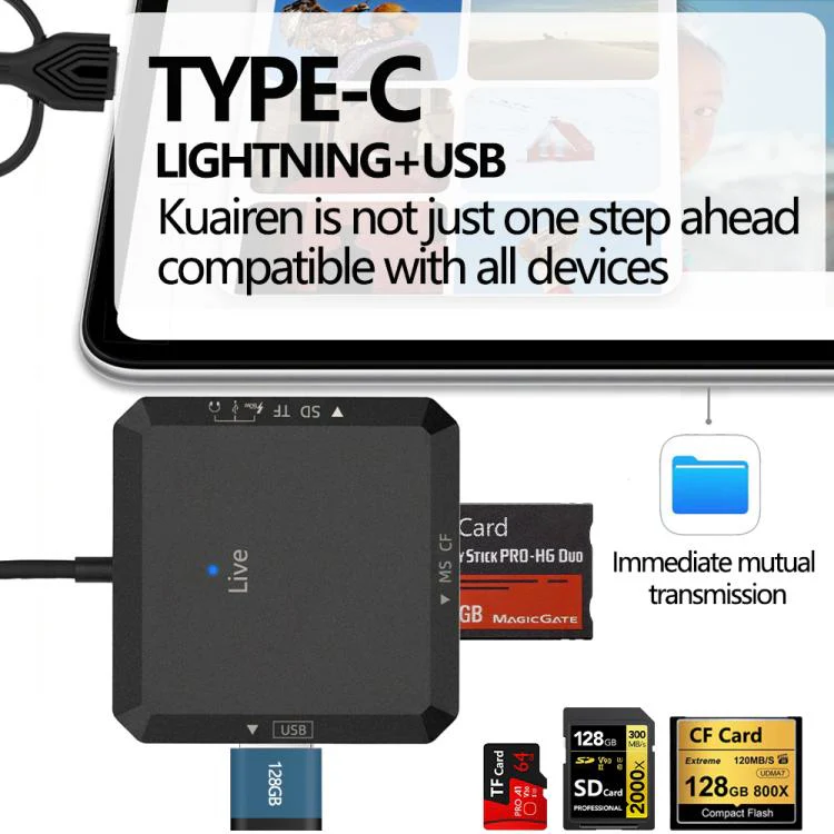 USB, Type-C, 8 Pin to USB-A, Type-C, TF, SD, MS, CF Card Multifunctional Card Reader HUB Docking(Black) - Image 7