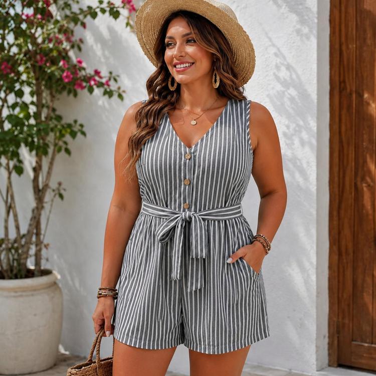 V-Neck Sleeveless Striped Jumpsuit Shorts, Size: L(Dark Gray)