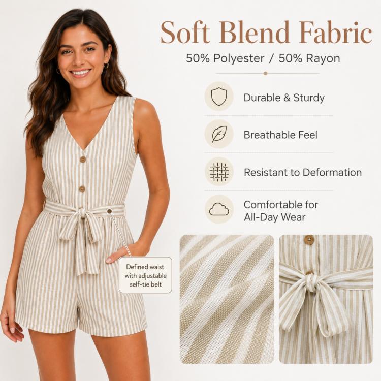 V-Neck Sleeveless Striped Jumpsuit Shorts, Size: L(Dark Gray) - Image 4