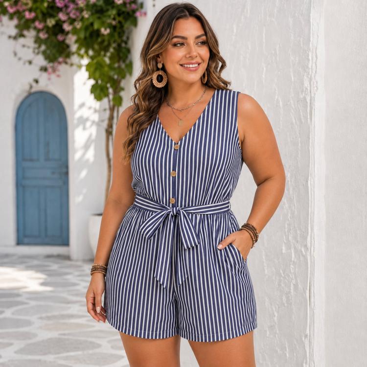 V-Neck Sleeveless Striped Jumpsuit Shorts, Size: L(Navy Blue)