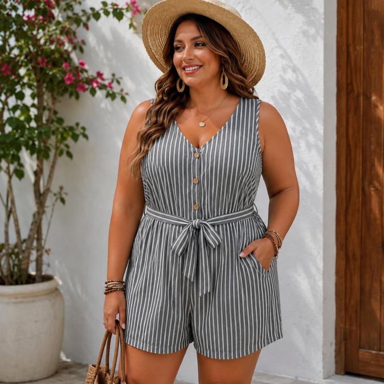 V-Neck Sleeveless Striped Jumpsuit Shorts, Size: XL(Dark Gray)