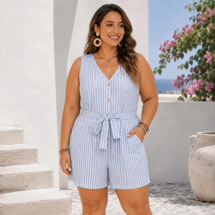 V-Neck Sleeveless Striped Jumpsuit Shorts, Size: XL(Dusty Blue)