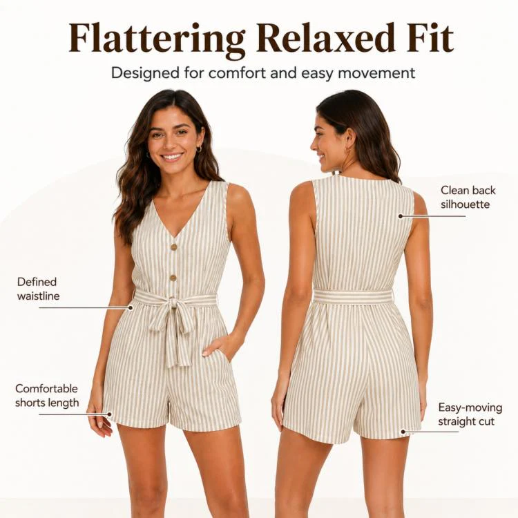 V-Neck Sleeveless Striped Jumpsuit Shorts, Size: XL(Red) - Image 5