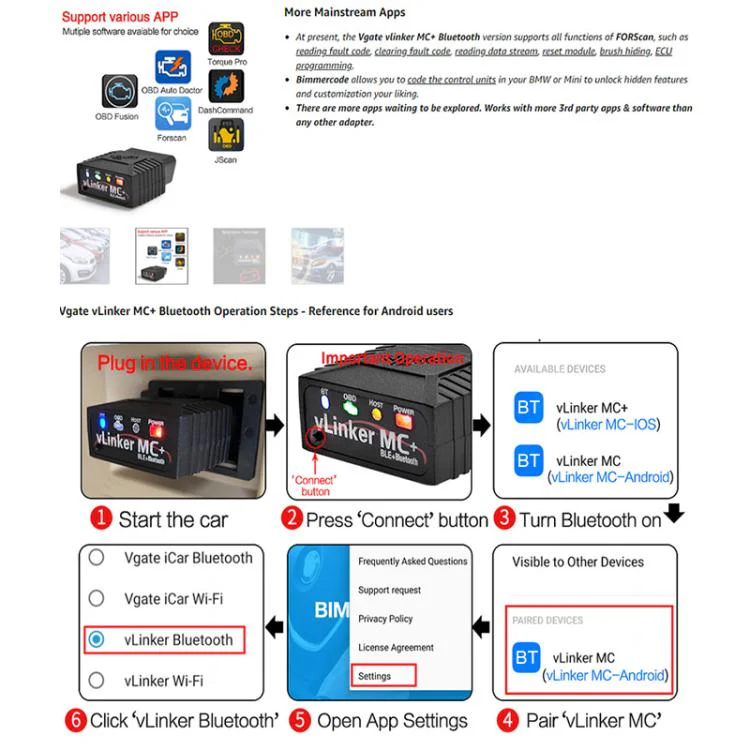 Vgate VLINKER MC+ V2.2 Bluetooth 4.0 Car OBD Fault Diagnosis Detector - Image 7
