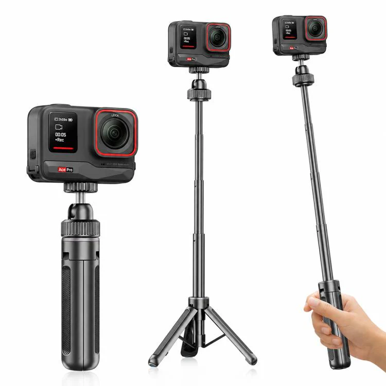 VT-12 Tabletop Tripod Telescopic 1/4 BallHead Selfie Stick for DJI, Insta360, GoPro and Other Action Cameras(Black)