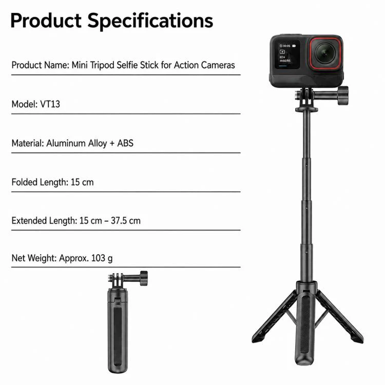 VT-13 Mini Tripod Handheld Selfie Stick for DJI, Insta360, GoPro and Other Action Cameras (Black) - Image 9