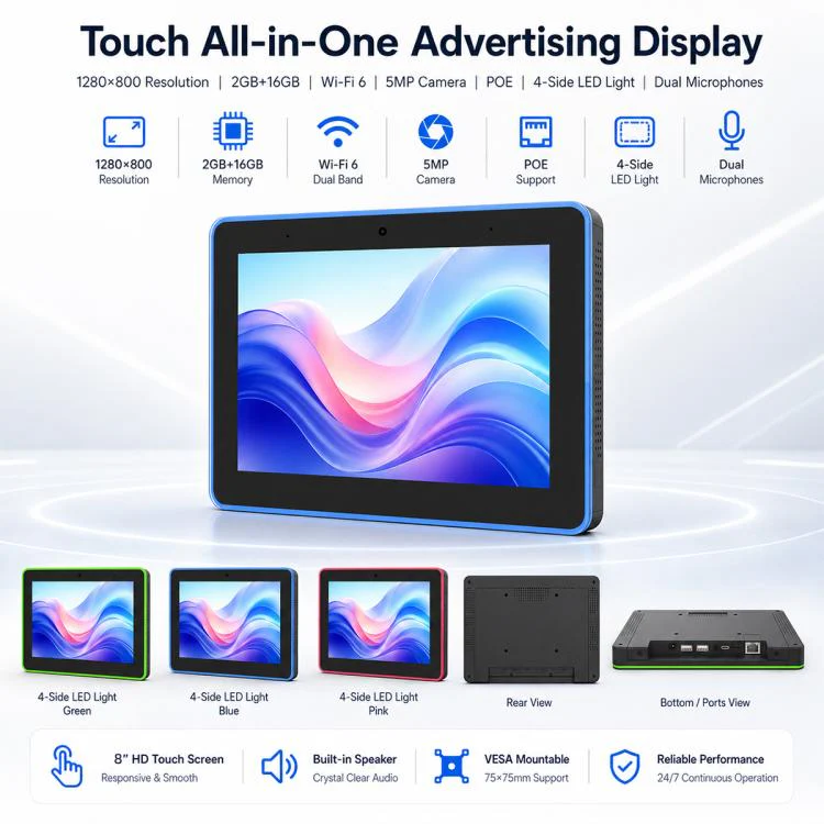WA8058T 8 inch HD Touch Screen Digital Signage with Light, 2GB+16GB, Android 11 RK3568 Quad Core, Plug:US Plug(Black) - Image 5
