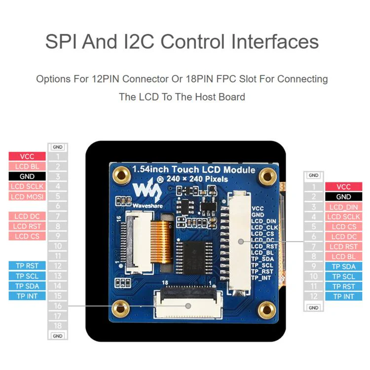 Waveshare 1.54inch Touch LCD Display Module 240×240 Resolution, IPS Panel, SPI And I2C Communication Interfaces - Image 4