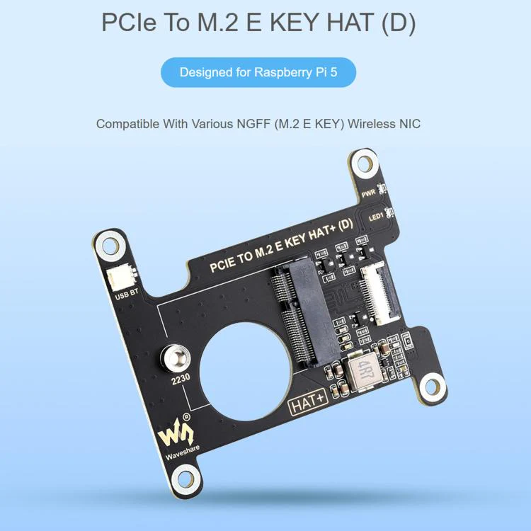 Waveshare 33828 PCIe To M.2 E KEY HAT For Raspberry Pi 5 Compatible With Various NGFF Wireless NIC Supports USB Bluetooth Connection - Image 2