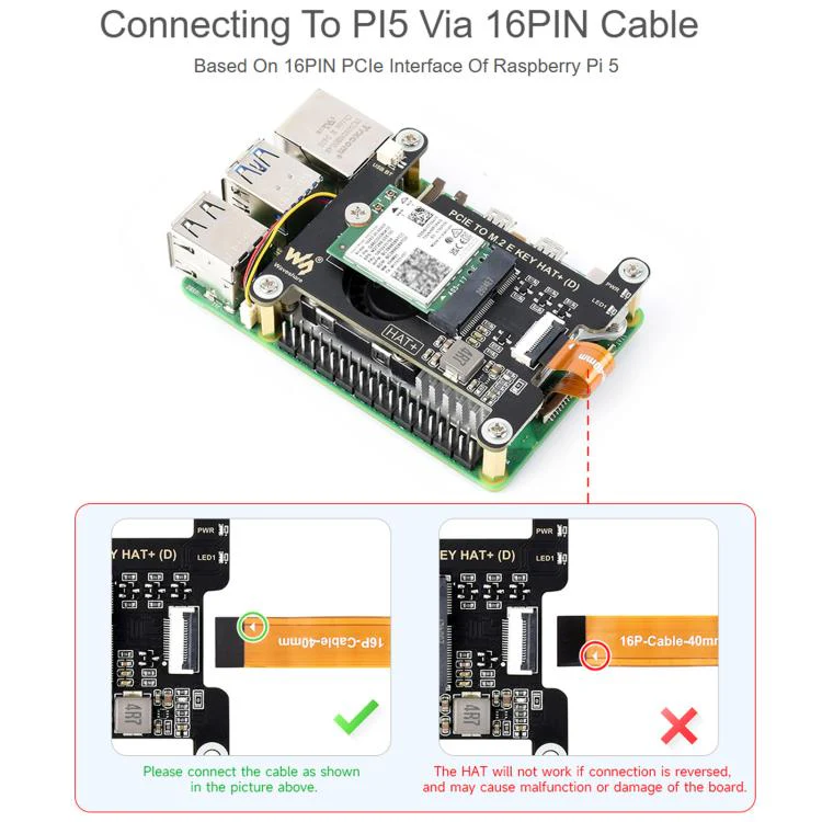 Waveshare 33828 PCIe To M.2 E KEY HAT For Raspberry Pi 5 Compatible With Various NGFF Wireless NIC Supports USB Bluetooth Connection - Image 3