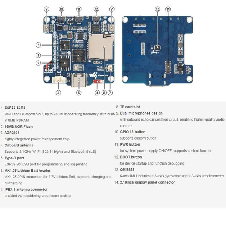 Waveshare 33970 ESP32-S3 2.16 Inch AMOLED Display Development Board, Supports Dual Microphones, 2.4GHz Wi-Fi And BLE 5 No Battery - Image 7