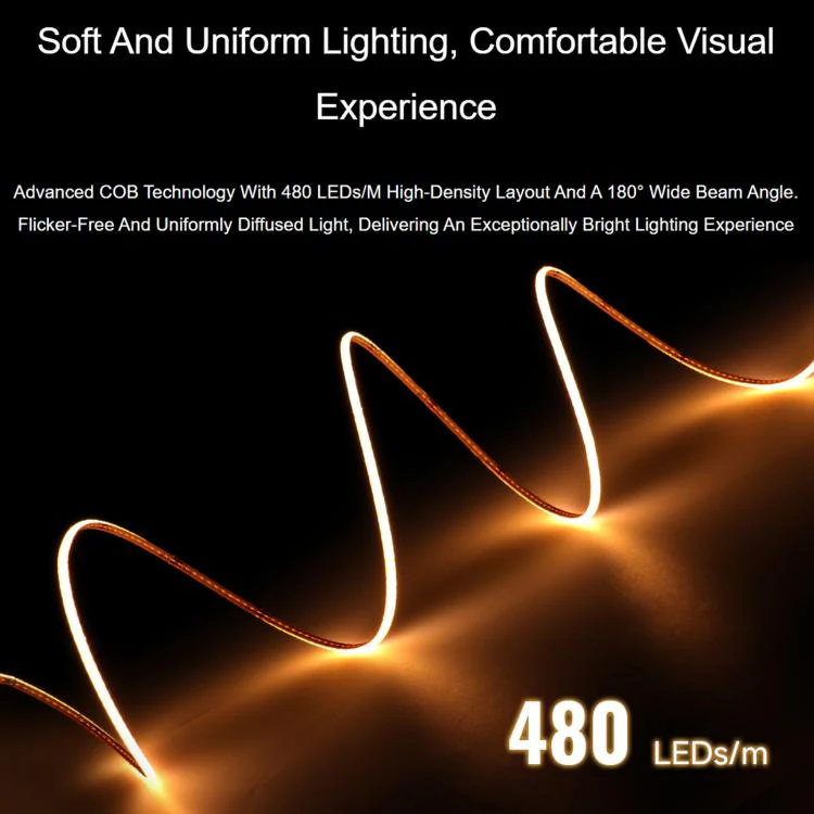 Waveshare 4000K DC 12V 5m 480 LEDs/m Single-Color COB Soft Light Strip No Light Spots Supports Free Cutting 2mm Width - Image 3