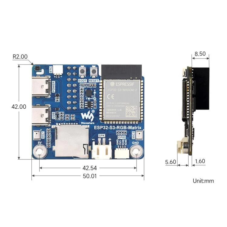 Waveshare ESP32-S3 RGB Matrix Driver Board Onboard Dual Microphones Array, Supports 2.4 GHz Wi-Fi And Bluetooth 5 - Image 10