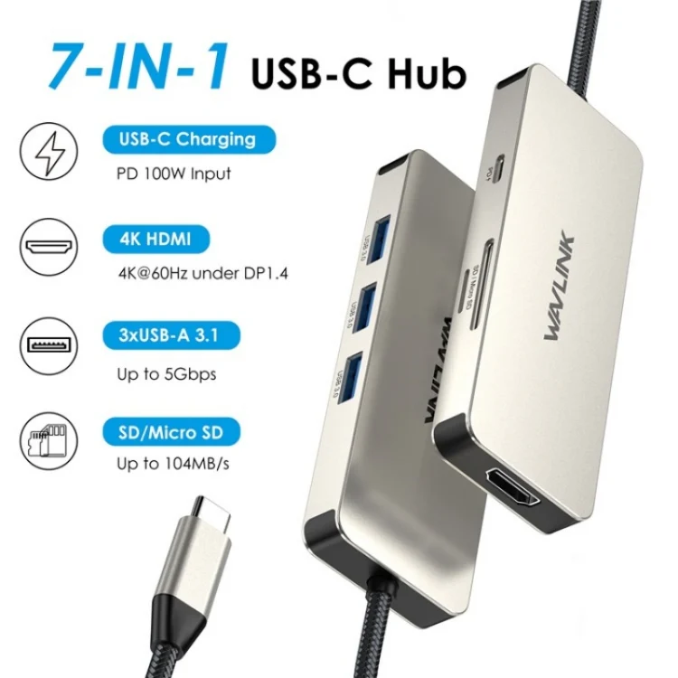 WAVLINK UHP3416 7-in-1 PD100W Charging SD / TF Card Reader 4K HD Type-C Docking Station(Blue) - Image 2