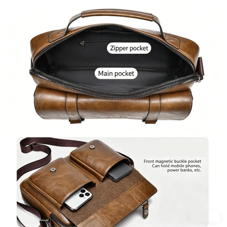 WEIXIER D1109 Mens Horizontal Briefcase Messenger Bag Waterproof PU Leather Shoulder Bag Handbag(Light Brown) - Image 5