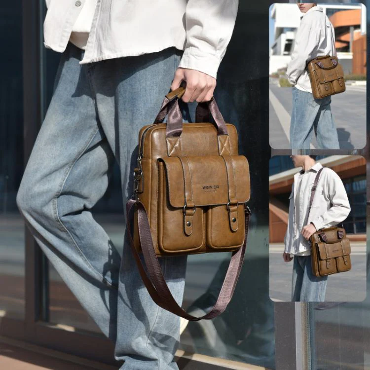 WEIXIER Mens Messenger Bag Vintage PU Leather Briefcase for Business & Travel Crossbody Handbag with Multi-Pockets(Light Brown) - Image 2