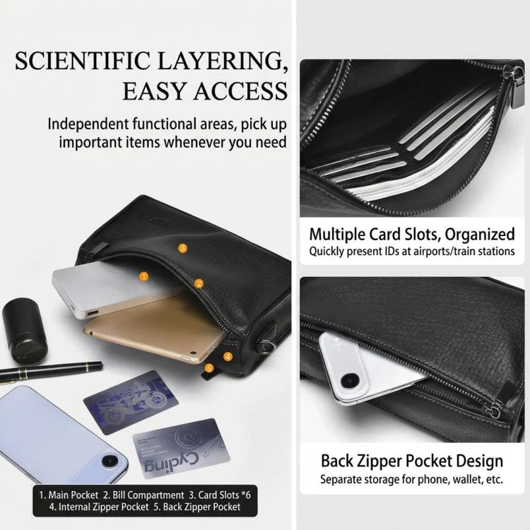 WEIXIER W133  Mens Small Crossbody Bag Versatile Messenger Clutch with 6 Card Slots for Travel & Daily Use(Black) - Image 4