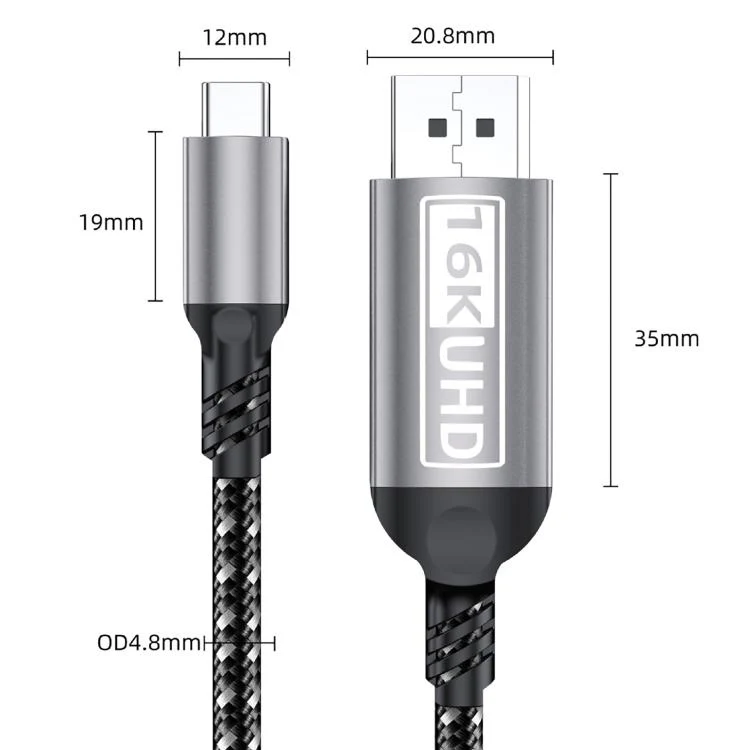 WG228 16K Ultra HD Type-C to DP 2.1 Display Cable Monitor Adapter Cable, Length:2m(Grey) - Image 4