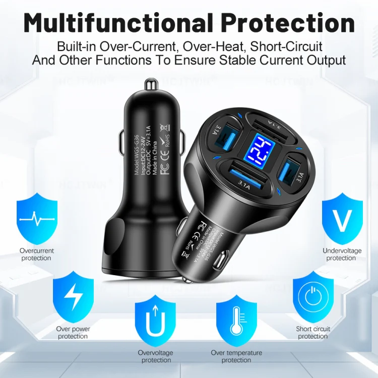 WGS-G36 3.1A 4 in 1 Digital Display Car Charger with Voltmeter (Black) - Image 3