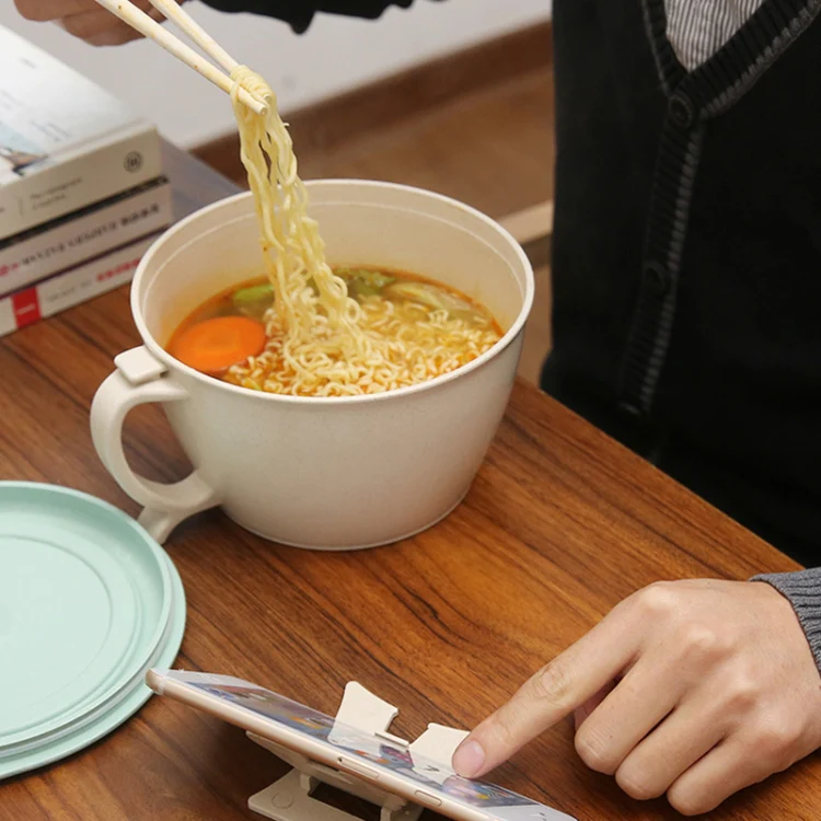 Wheat Fiber Instant Noodle Bowl Creative and Convenient Sealed Lunch Box with Mobile Phone Holder(Pink) - Image 7