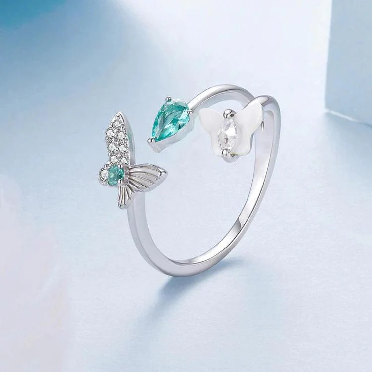 White Gold Plated Mother-Of-Pearl And Zircon Butterfly Double-Layer Adjustable Opening Ring(YIR306-E) - Image 3
