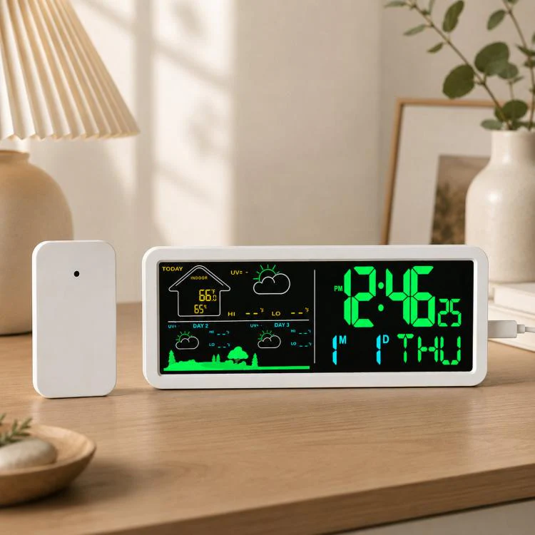 Wireless Weather Station Clock with Outdoor Sensor Digital Wall Clock Barometric Local Weather Forecast Bedside Alarm Clock(YD202 White)