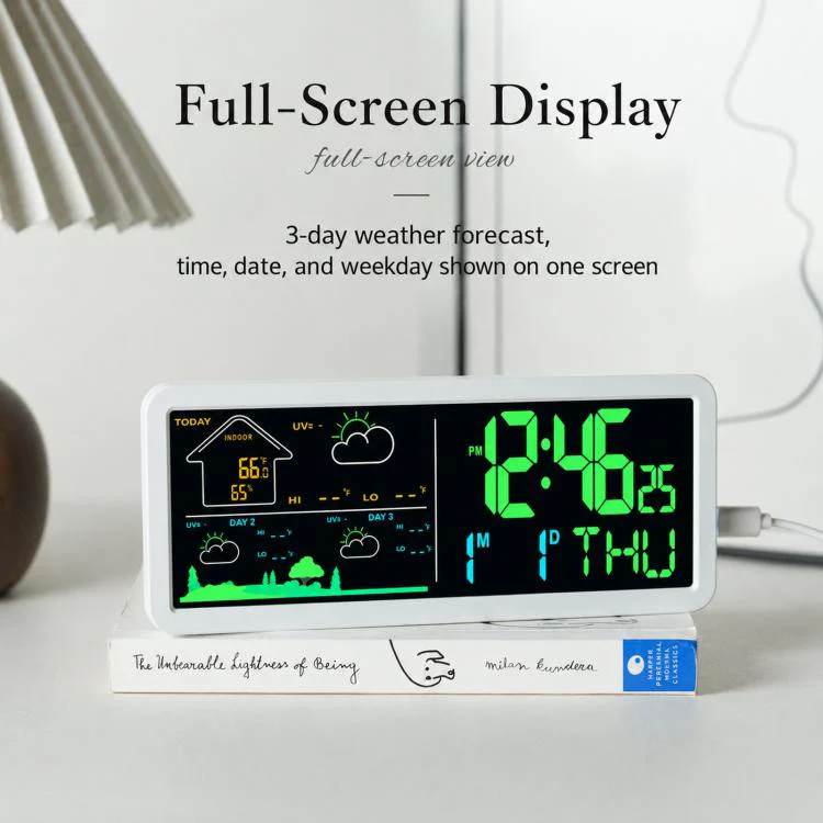 Wireless Weather Station Clock with Outdoor Sensor Digital Wall Clock Barometric Local Weather Forecast Bedside Alarm Clock(YD202 White) - Image 4