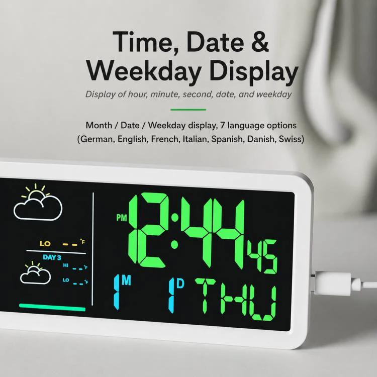 Wireless Weather Station Clock with Outdoor Sensor Digital Wall Clock Barometric Local Weather Forecast Bedside Alarm Clock(YD202 White) - Image 7