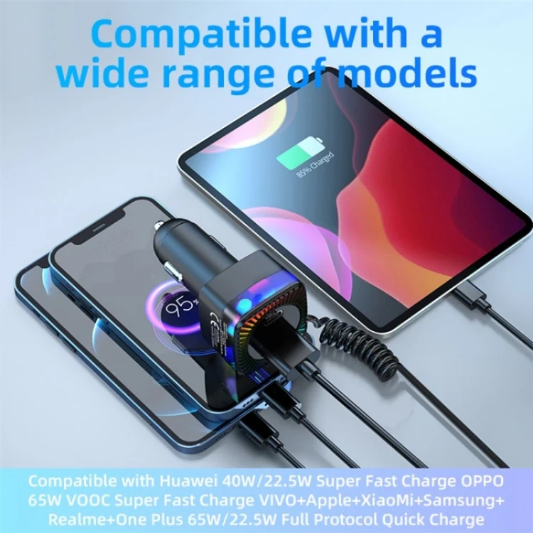 With Spring Type-C Cable USB + Type-C PD 30W Phone Fast Charging Adapter Car Charger - Image 3