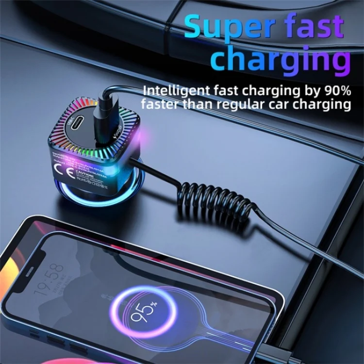 With Spring Type-C Cable USB + Type-C PD 30W Phone Fast Charging Adapter Car Charger - Image 4