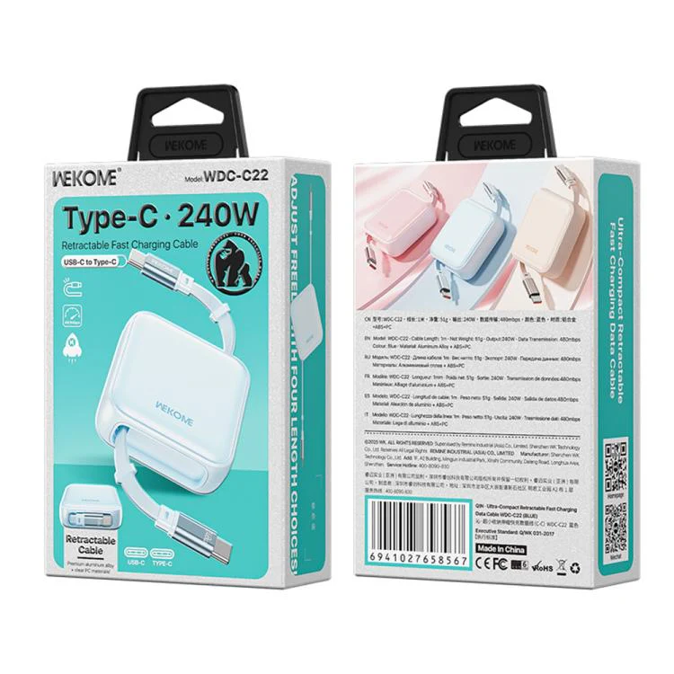WK WDC-C22 240W Type-C to Type-C Ultra-Compact Retractable Fast Charging Data Cable, Length:1m(Blue) - Image 2