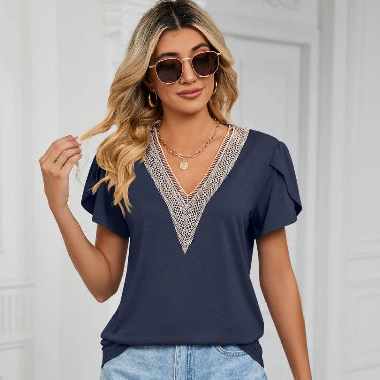 Women Lace V-Neck Short Sleeve Solid Color T-Shirt Top, Size: L(Navy) - Image 2