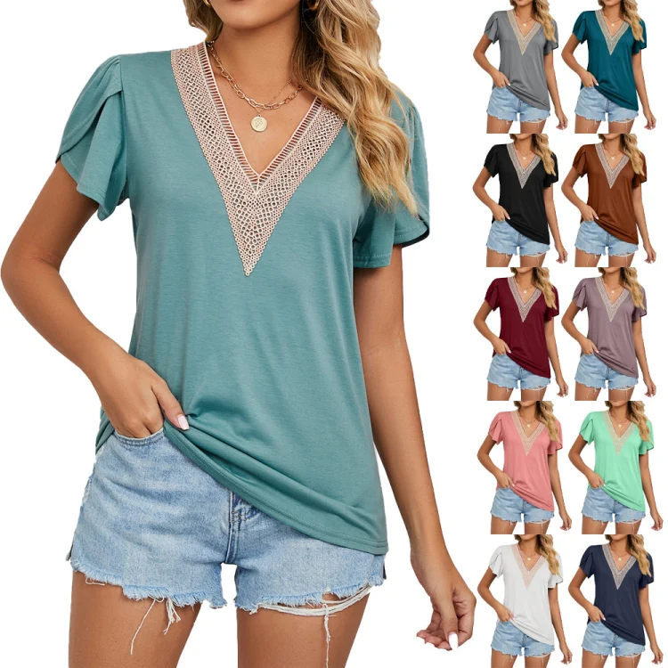 Women Lace V-Neck Short Sleeve Solid Color T-Shirt Top, Size: S(White) - Image 5