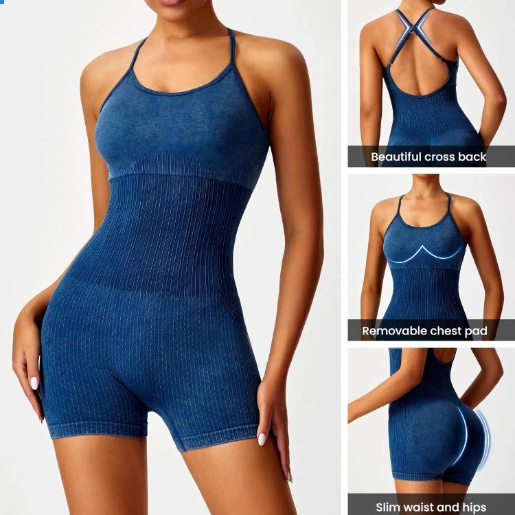 Women Matte Washed High-Intensity Workout Yoga Bodysuit Open Back Strappy Sports Jumpsuit, Size: L(Deep Blue) - Image 3