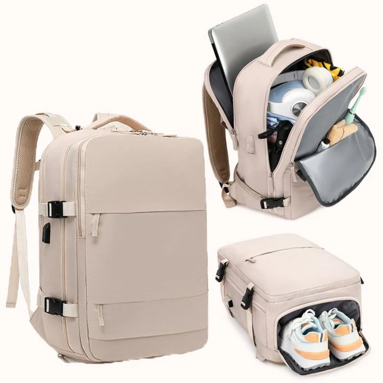Women Men Travel Backpack Carry-On with Laptop Compartment & USB Port, Shoe Storage, Wet/Dry Separation, Waterproof Large Capacity Daypack(2210 Beige)