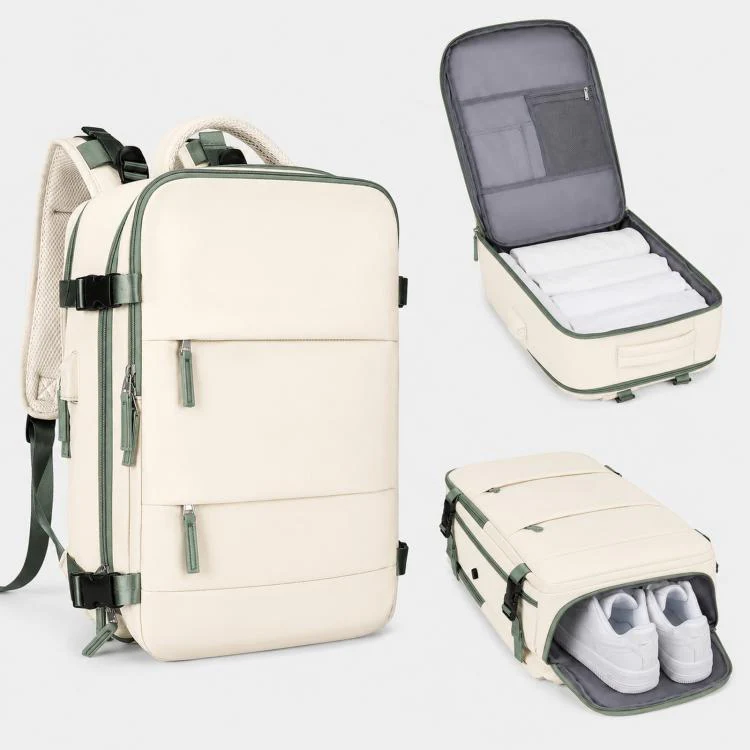 Women Men Travel Backpack Carry-On with Laptop Compartment & USB Port, Shoe Storage, Wet/Dry Separation, Waterproof Large Capacity Daypack(2210 Beige+Green)