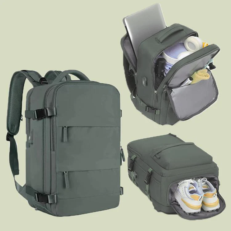 Women Men Travel Backpack Carry-On with Laptop Compartment & USB Port, Shoe Storage, Wet/Dry Separation, Waterproof Large Capacity Daypack(2210 Forest Green)