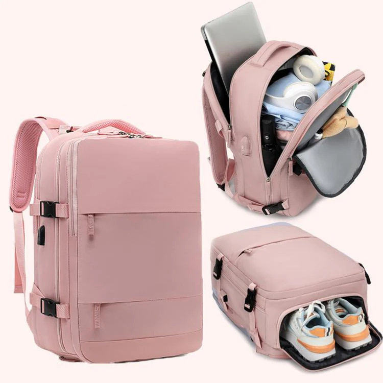 Women Men Travel Backpack Carry-On with Laptop Compartment & USB Port, Shoe Storage, Wet/Dry Separation, Waterproof Large Capacity Daypack(2210 Pink)