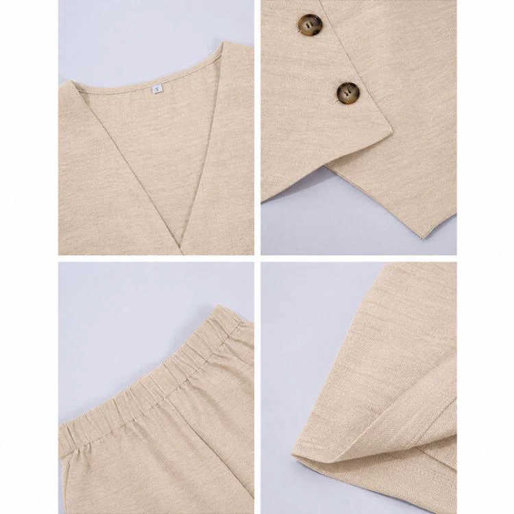 Women Pure Color Casual Vacation Style Button Vest Shorts Set, Size:S(Khaki) - Image 4