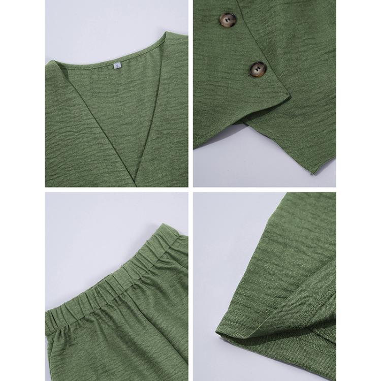 Women Pure Color Casual Vacation Style Button Vest Shorts Set, Size:XL(Green) - Image 4