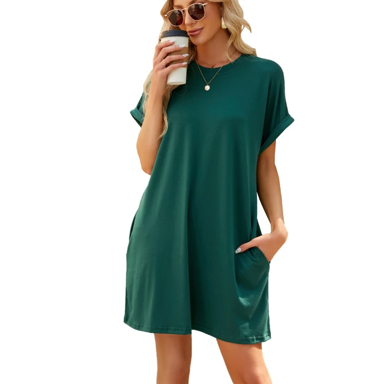Women Spring Summer Round Neck Pocket Loose Short Sleeve Dress, Size: S(Dark Green)