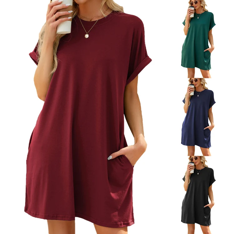Women Spring Summer Round Neck Pocket Loose Short Sleeve Dress, Size: S(Dark Green) - Image 6