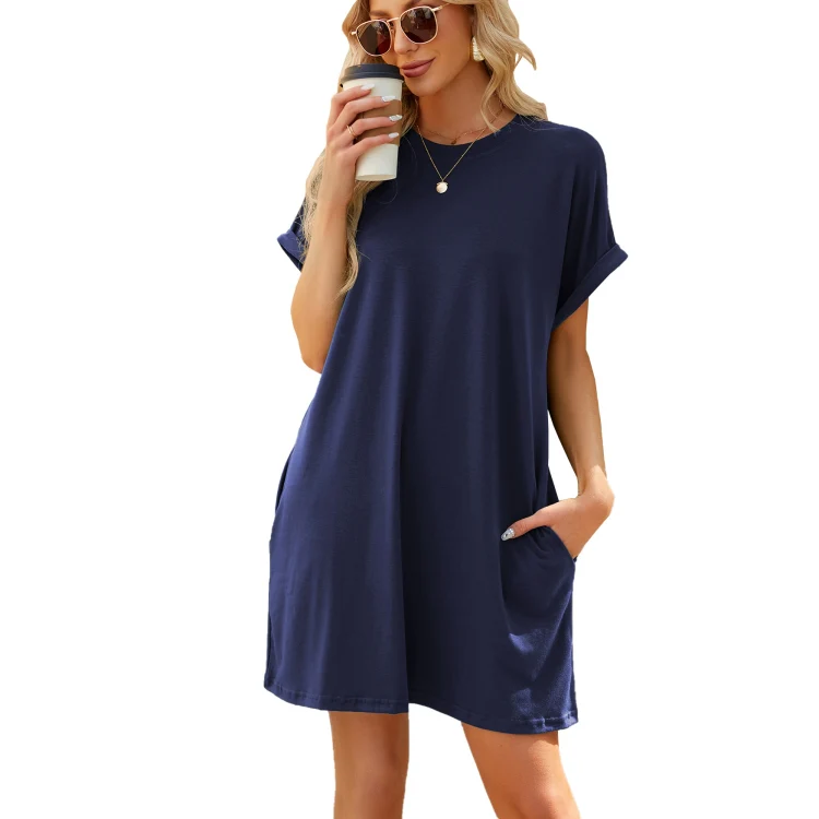 Women Spring Summer Round Neck Pocket Loose Short Sleeve Dress, Size: S(Navy)